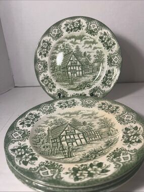 Green Transferware Dinner Plate with Cottage Motif Vintage English Set of 4